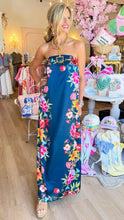 Navy Floral Detailed Strapless Dress