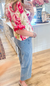 Cream and Pink Floral Print Puff Sleeve Top