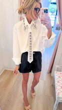 White Rhinestone Collar and Tie Button Up Top