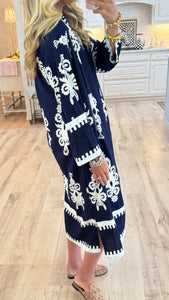 Navy Abstract Print Midi Dress