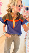 Navy Colorblock Plaid Contrast Top
