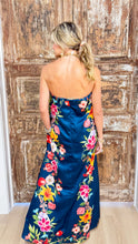 Navy Floral Detailed Strapless Dress
