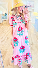 Pink Floral Mandarin Collar Midi Dress