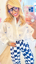 White Sailboat Embroidered Button Up Top