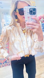 Beige Multi Chain Print Button Down Top
