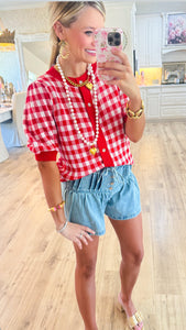 Red and White Gingham Cardigan