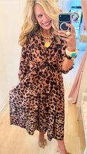 Leopard Print Balloon Sleeve Midi Dress