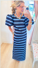 Navy and Blue Stripe Puff Sleeve Maxi Dress