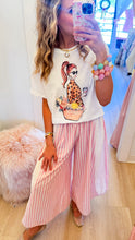 Light Pink Striped Floral Eyelet Detail Wide Leg Pants