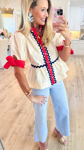 Ecru and Red Ric Rac Trim Top