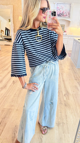 Navy Stripe Lace Accent Trim Top