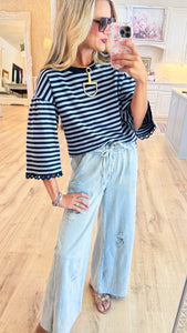 Navy Stripe Lace Accent Trim Top