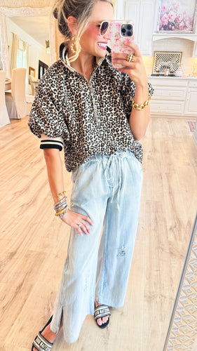 Taupe Leopard Print Half Zip Top