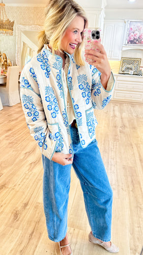 Blue Flower Printed Quilted Jacket