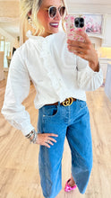 Off White Ruffle Accent Button Up