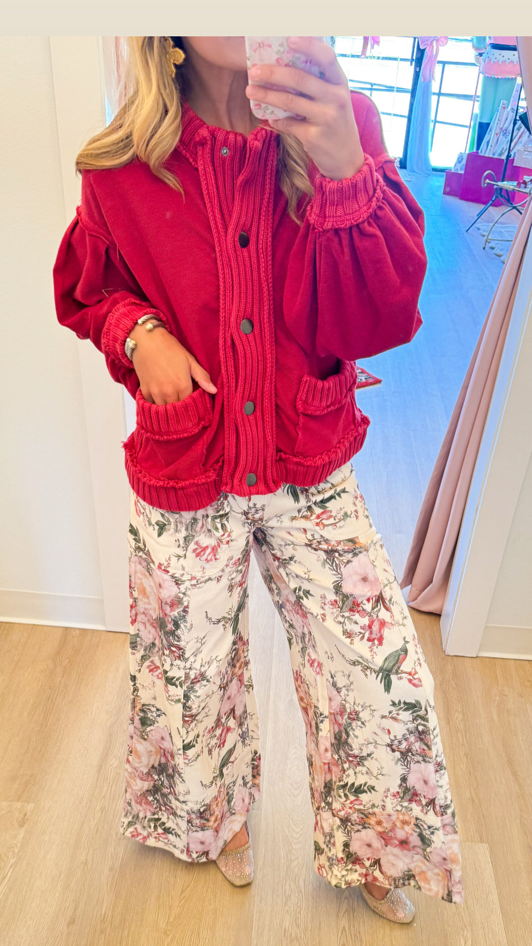 Burgandy Washed Ribbed Knit Trim Cardigan Jacket