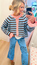 Blue, Brown and Pink Stripe Ruffle Cardigan