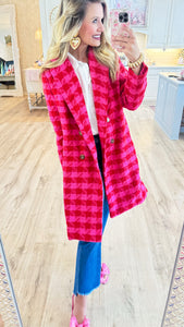 Pink and Red Houndstooth Tweed Coat