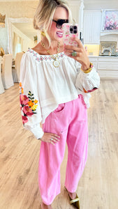 White Embroidered Floral Square Neck Top