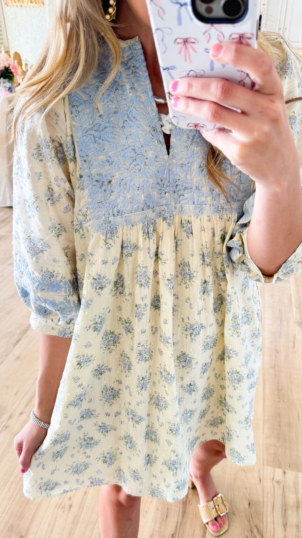 White and Blue Floral Embroidery Mini Dress