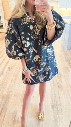 Black Gold Accent Jacquard Shift Dress