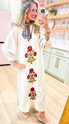Ecru Floral Embroidered Maxi Dress