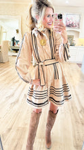 Tan and Black Long Sleeve Lace Trim Dress