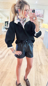 Black Puff Sleeve Contrast Collar Top