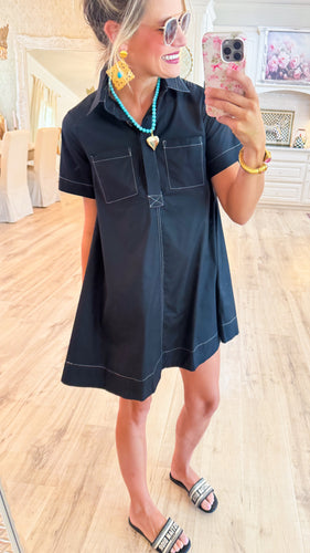 Black Contrast Stitching Shirt Dress