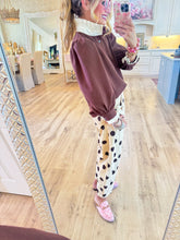 Brown Puff Sleeve Contrast Collar Top