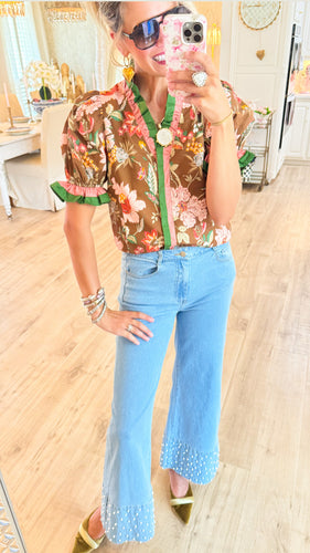 Deal of the day Brown Floral Print Ruffle Puff Sleeve Top