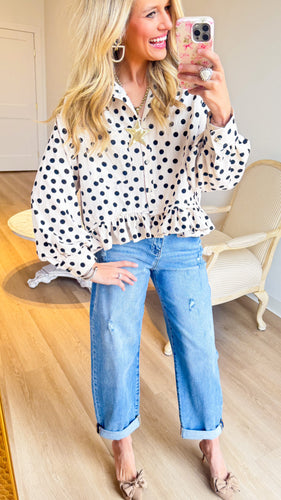 Cream and Black Polka Dot Button Up Top