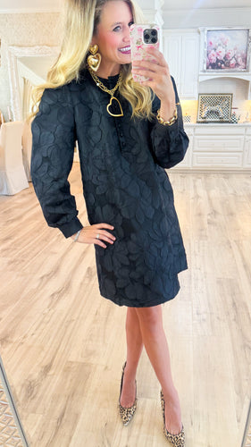 Black Floral Jacquard Puff Shoulder Dress