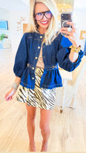 Dark Denim Horse Bit Accent Puff Sleeve Top