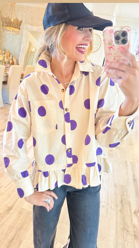 Cream and Purple Polka Dot Ruffle Hem Blouse
