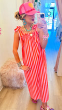 Punch and Coral Stripe Shoulder Tie Midi Dress