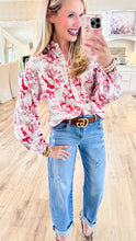 Red Santa Toile Button Up Top