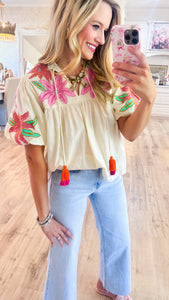 THML Cream Floral Embroidered Tassel Tie Top