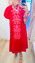 Red Applique Puff Sleeve Midi Dress