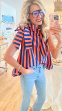 Navy and Orange Stripe Ruffle Neck Top