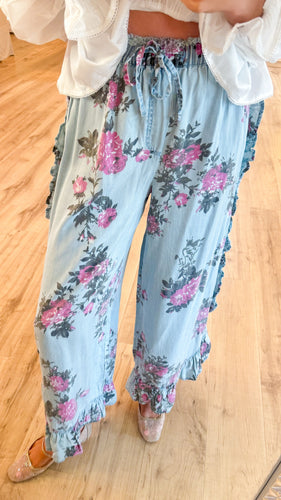 Light Denim Floral Printed Loose Fit Pants