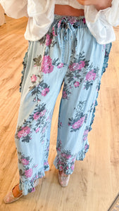 Light Denim Floral Printed Loose Fit Pants