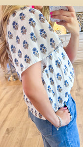 THML White and Blue Flower Print Top