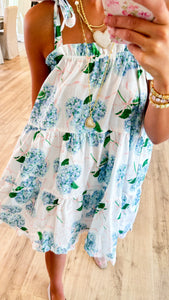 Blue Hydrangea Bow Shoulder Tie Mini Dress