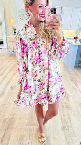 Ivory and Pink Floral 3/4 Sleeve Mini Dress