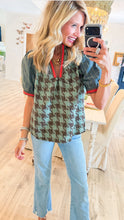 Sage Houndstooth Puff Sleeve Top