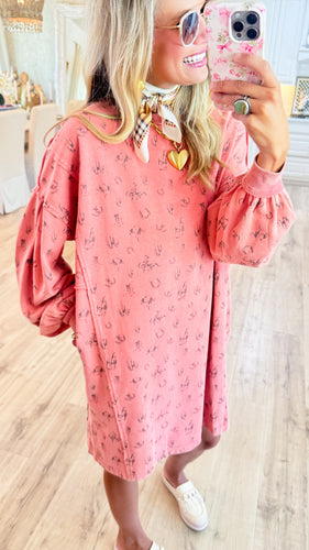 Faded Coral Western Print Washed Terry Pullover Dress