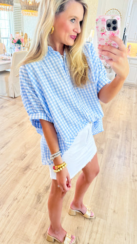Blue and White Gingham Oversized Top