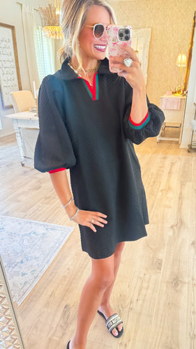Black Quilted 3/4 Sleeve Dress