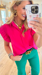 Deal of the Day Hot Pink Smocked Ruffle Sleeve Top